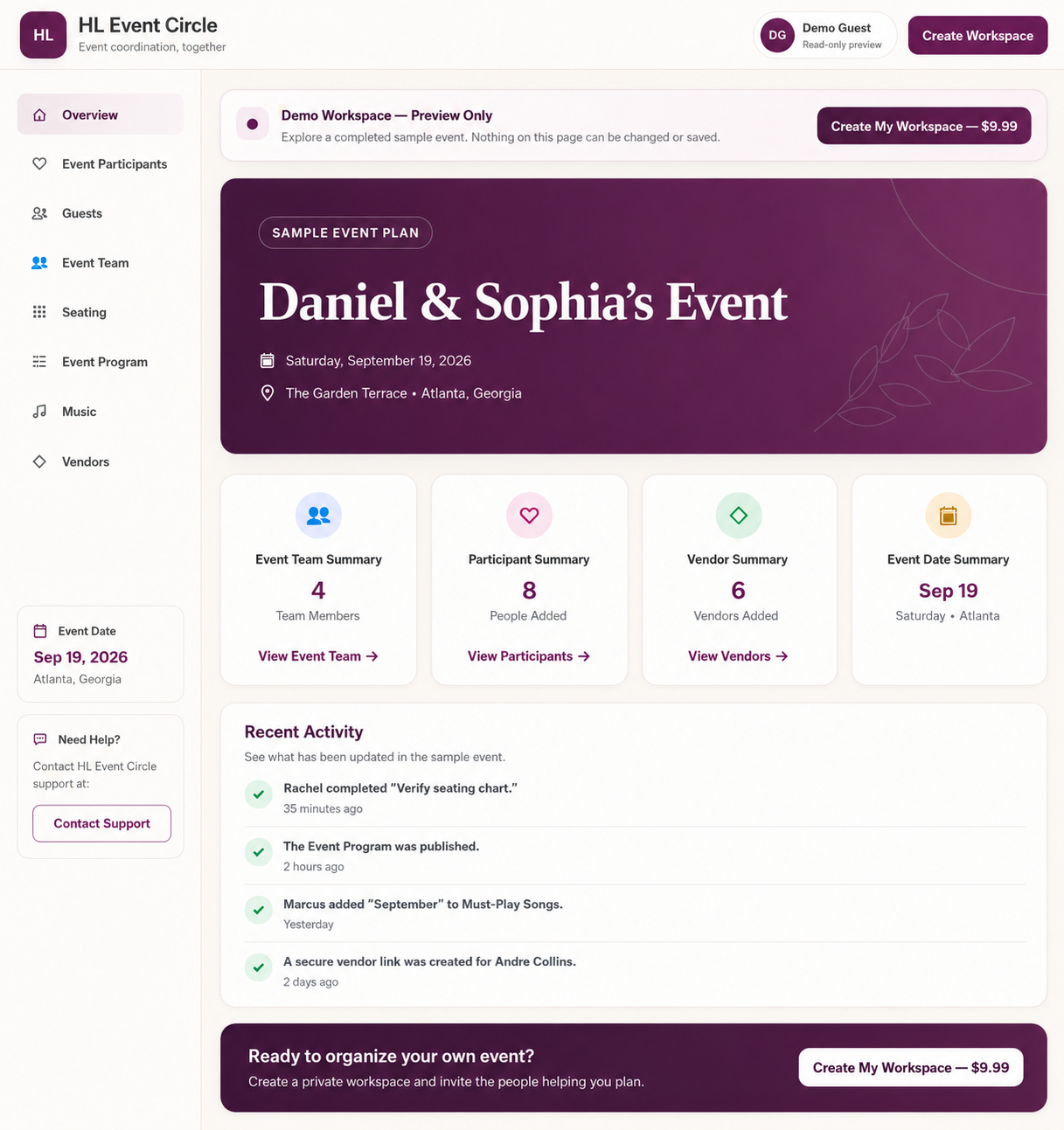 HL Event Circle sample dashboard using a wedding event as an example